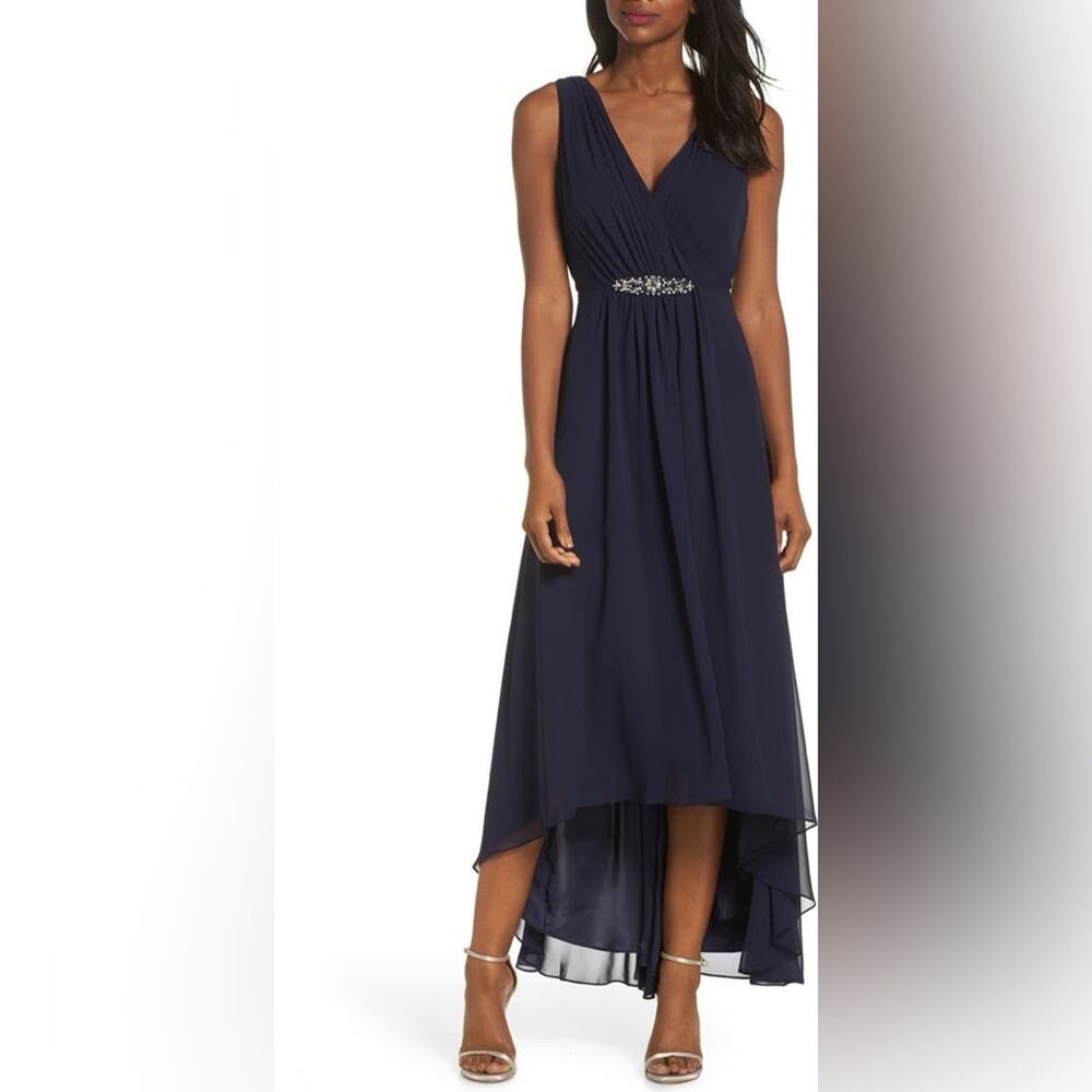 Eliza J Embellished Chiffon High Low Formal Gown Blue 8 NWT